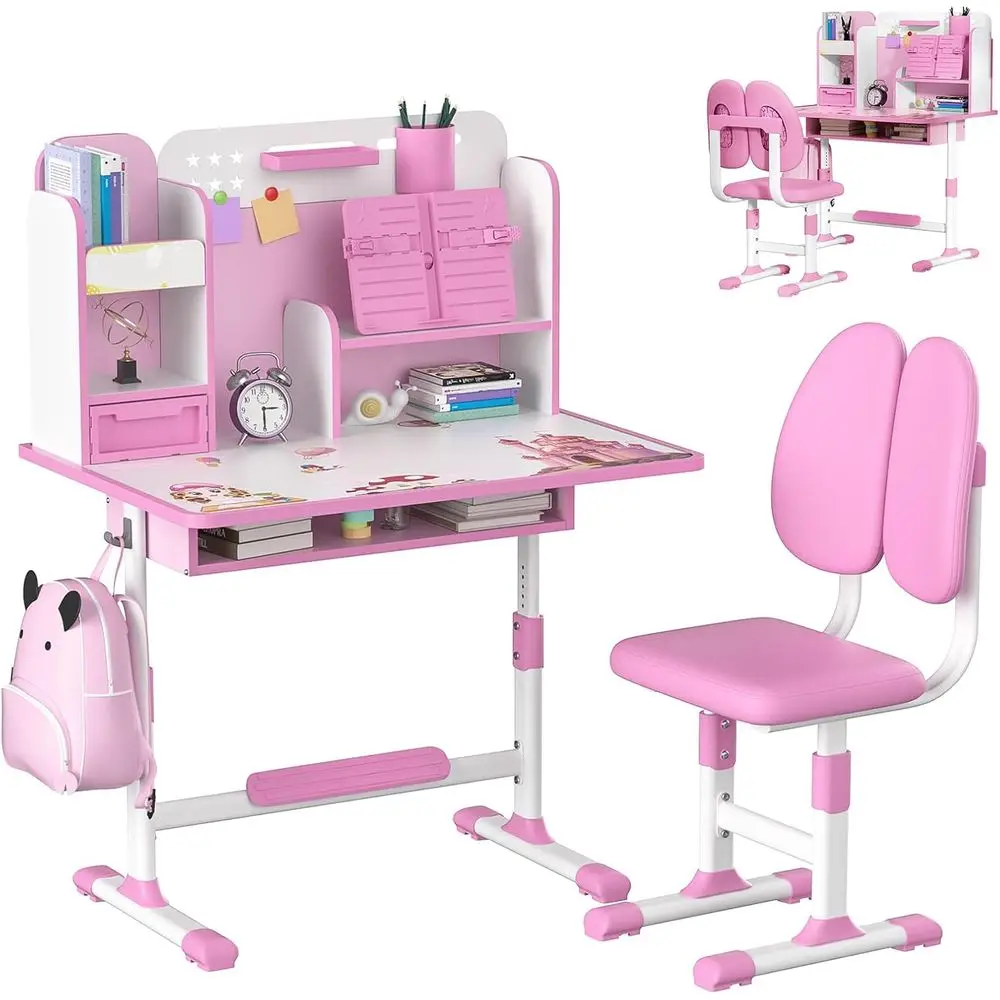 

Small Desk, Kids Study Desk Chair Set, Height Adjustable Children School Study Table Chair Set with Sitting Corrector, Ergonomic