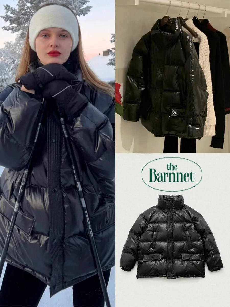 

Black Shiny Loose down Jacket 2024 Autumn Winter New Style Women's Puffer Coat White Goose down Thickened Long Sleeve Zipper