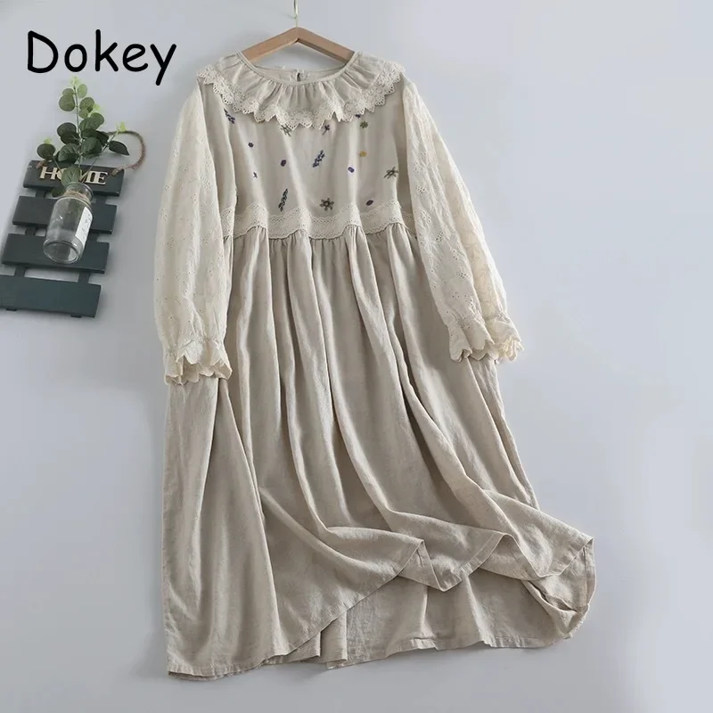 

Vintage Embroidery Long Sleeve Cotton Linen Dresses Women Japanese Mori Girl Ruffled Lace Collar Loose Midi Dress Casual Vestido