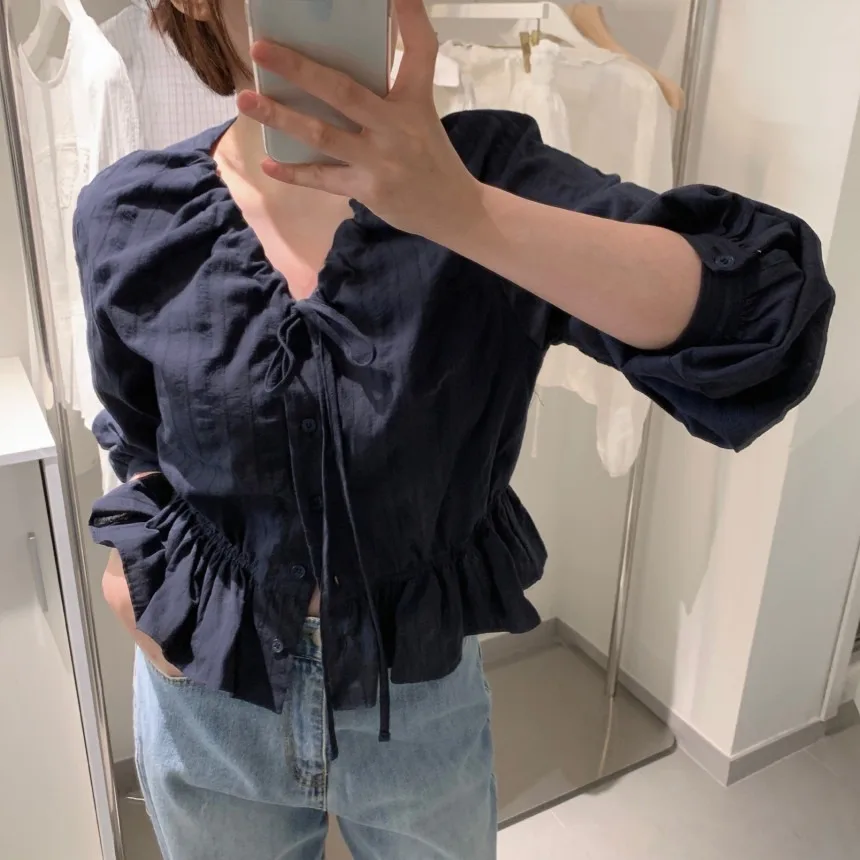 Csa de manga larga antienvejecimiento con cordón y cuello en V para mujer, estilo coreano, e, dulce, versátil, esti...