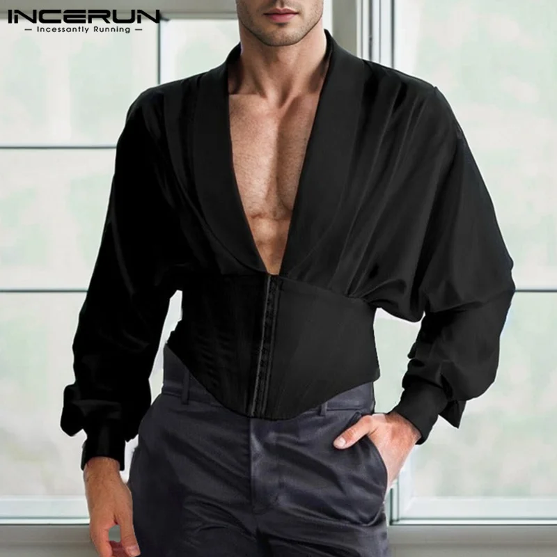 INCERUN Handsome Men\'s Tops Deconstruction Waistband Design Shirts Casual Male Hot Sale Solid All-match Long Sleeved Blouse 2024