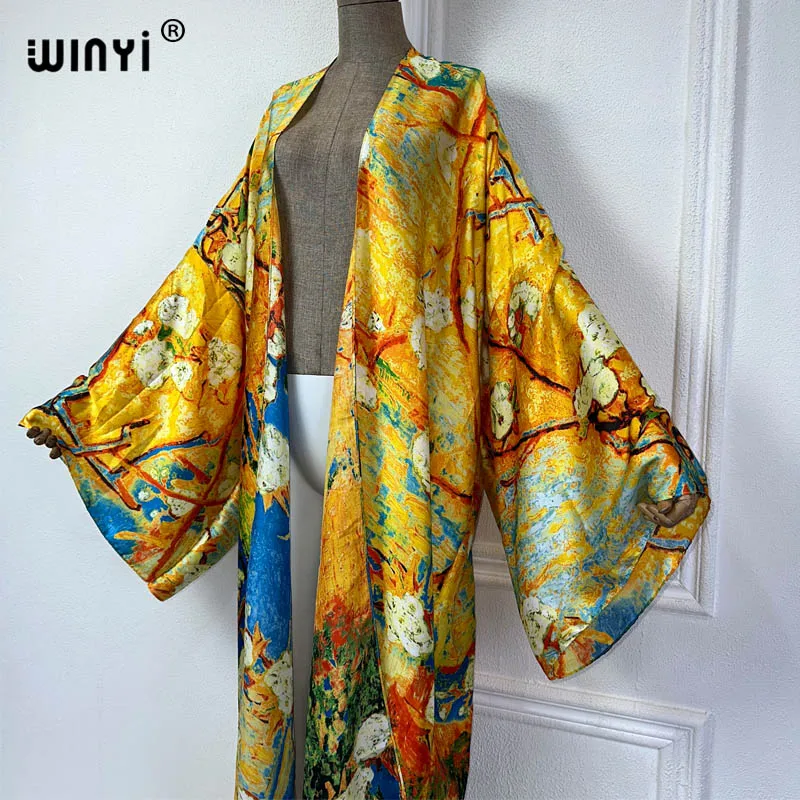 new WINYI Summer print beach cover up Swim Suit elegant Africa women boho Cardigan sexy Holiday long Sleeve Kimono fashion abaya