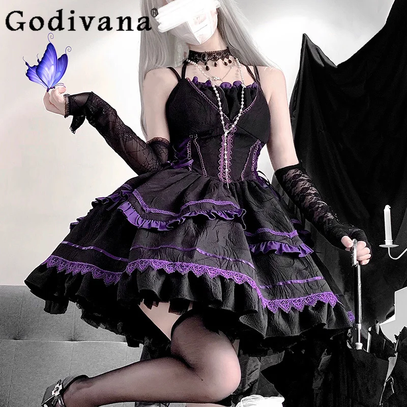 

Black Purple Lolita Dress Womens High Waist Slim Fit Dark Gothic Neck Suspender Dress Jsk Lady Short Coat Vestidos De Mujer