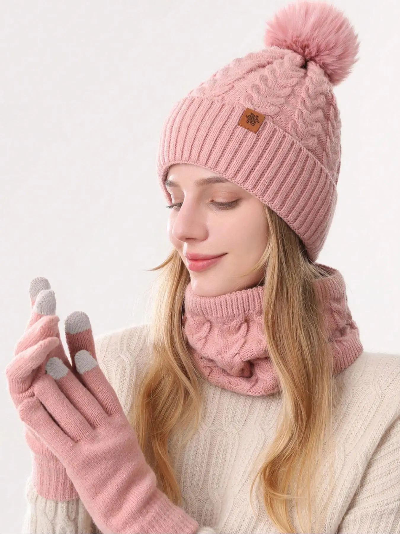 3-Piece Set of Adult Hat, Neck Warmer, and Gloves, Autumn and Winter Women's Warm Knitted Hat, Three-Piece Set Suitable for Outdoor Sports