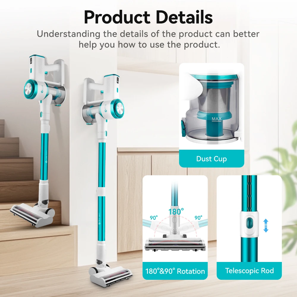 Cordless vacuum cleaner with LED display stick, strong suction, anti entanglement handheld car vacuum cleaner suitable for hardw