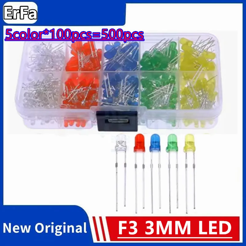 

5color*100pcs=500pcs F3 3MM LED Diode Kit Mixed Color Red Green Yellow Blue White + BOX