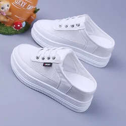 Women Half Slippers Mesh Surface Hollowed Summer Versatile Student Outdoor Breathable Sneaker Closed Toe Mesh Casual Shoes White