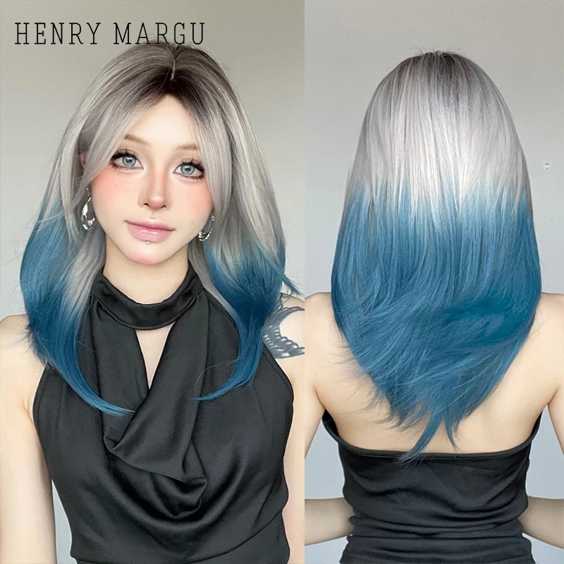 

HENRY MARGU Gray Blue Layered Synthetic Wig for Women Long Straight Party Wigs with Bangs Cosplay Halloween Wig High Temperature