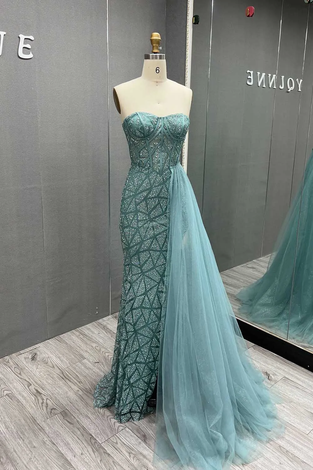 YQLNNE Sparkle Mint Green High Slit Prom Dresses Long Sweetheart Tulle Mermaid Evening Gown Back Zipper