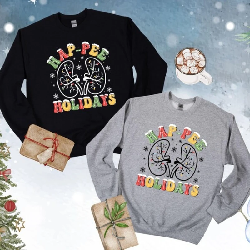 เสื้อสเวตเชิ้ต Hap-pee Holidays ลายไต ไฟคริสต์มาส เสื้อคริสต์มาสสำหรับพยาบาลไต เสื้อของขวัญพยาบาล เสื้อฮู้ดดี้สำหรับช่างไตในวันคริสต์มาส
