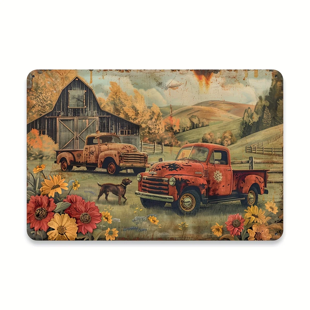 Arte de pared de metal de granja vintage: camión antiguo y escena de perro leal, decoración rústica de 12.0 x 8.0 in para el hogar, la oficina, el cafetería | Estilo campestre