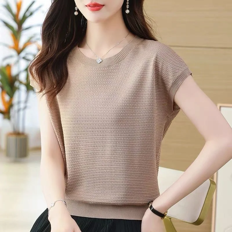 아웃렛 아이스 실크 니트 라운드 넥 얇은 여름 상의 엄마 출퇴근용 루즈핏 레귤러 소매 길이