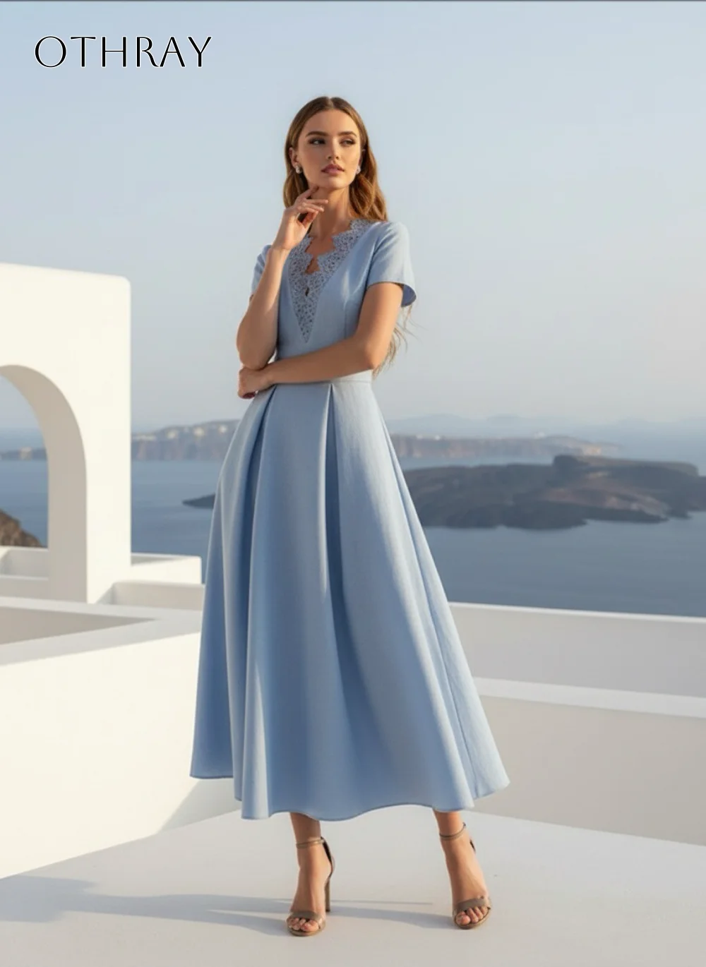 V-neck Lace A-line Satin Homecoming Dresses Short Sleeves Tea Length Pleated Customized فساتين سهرة