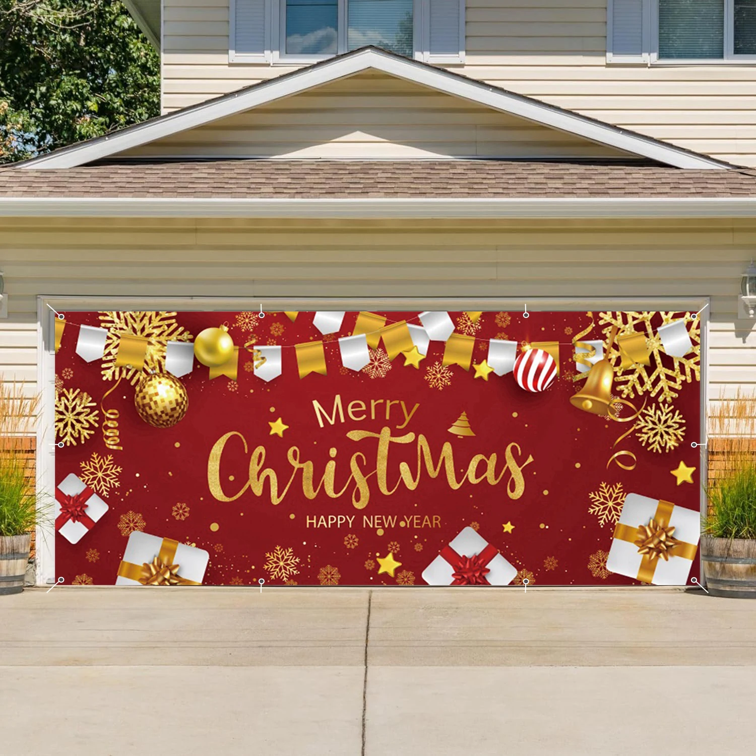 الأحمر عيد الميلاد المرآب الجدار الديكور راية خلفية أجراس الشتاء عيد الميلاد إكليل الهدايا غطاء باب المرآب الديكور في الهواء الطلق