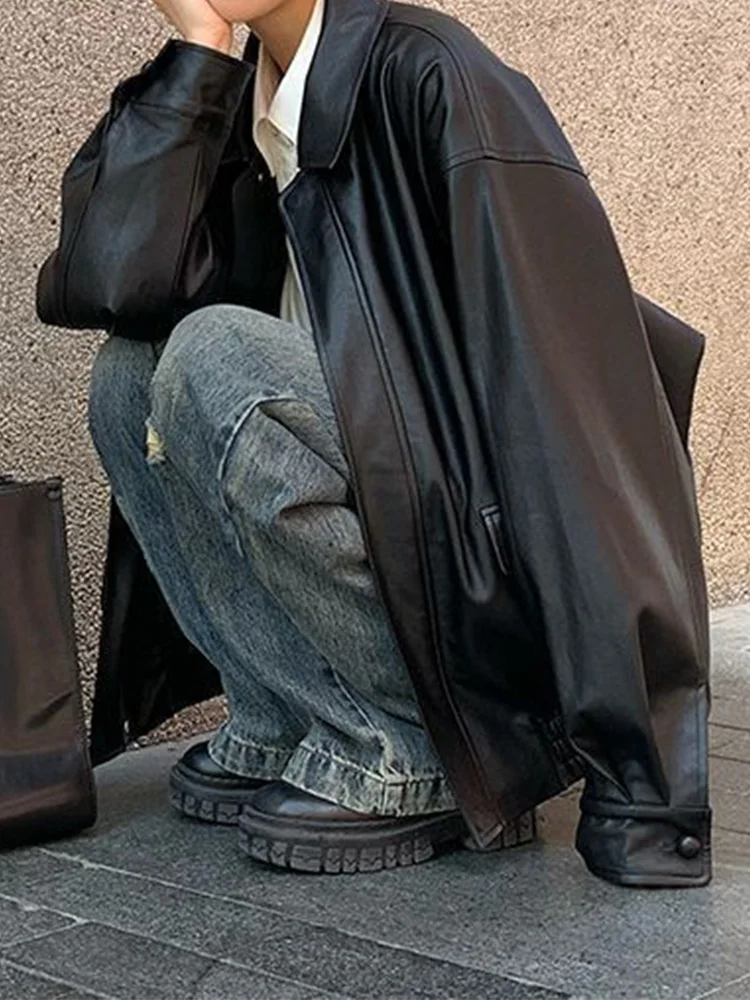 빈티지 PU 가죽 자켓 2025 새로운 여성 하이 스트리트 모토 바이커 코트 루즈 캐주얼 겉옷 커플 코트 여성 의류