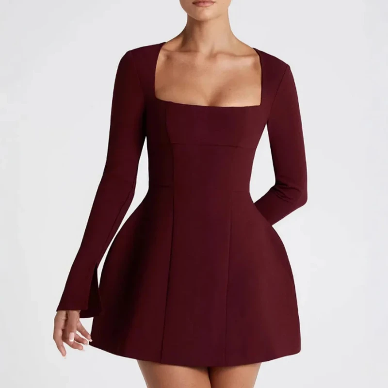 French Autumn Sexy Sweet Pure Color Simple Square Collar Temperament Ladies Waist Cinching Slimming A-line Short Dress Long Slee