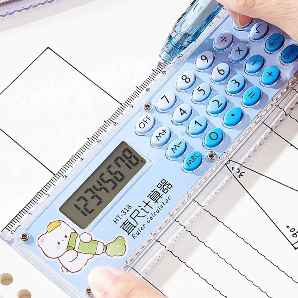 Nuova calcolatrice righello a 8 cifre Mini righello di misurazione silenzioso con pulsante in silicone Cartoon righello dritto scuola
