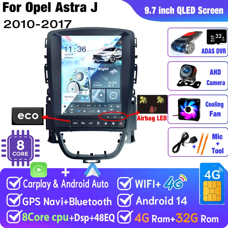 Android 14 Auto Multimedia GPS Voor Opel Astra J Vauxhall Buick Verano 2010-2017 Radio Verticaal Scherm Carplay Tesla stijl ECO