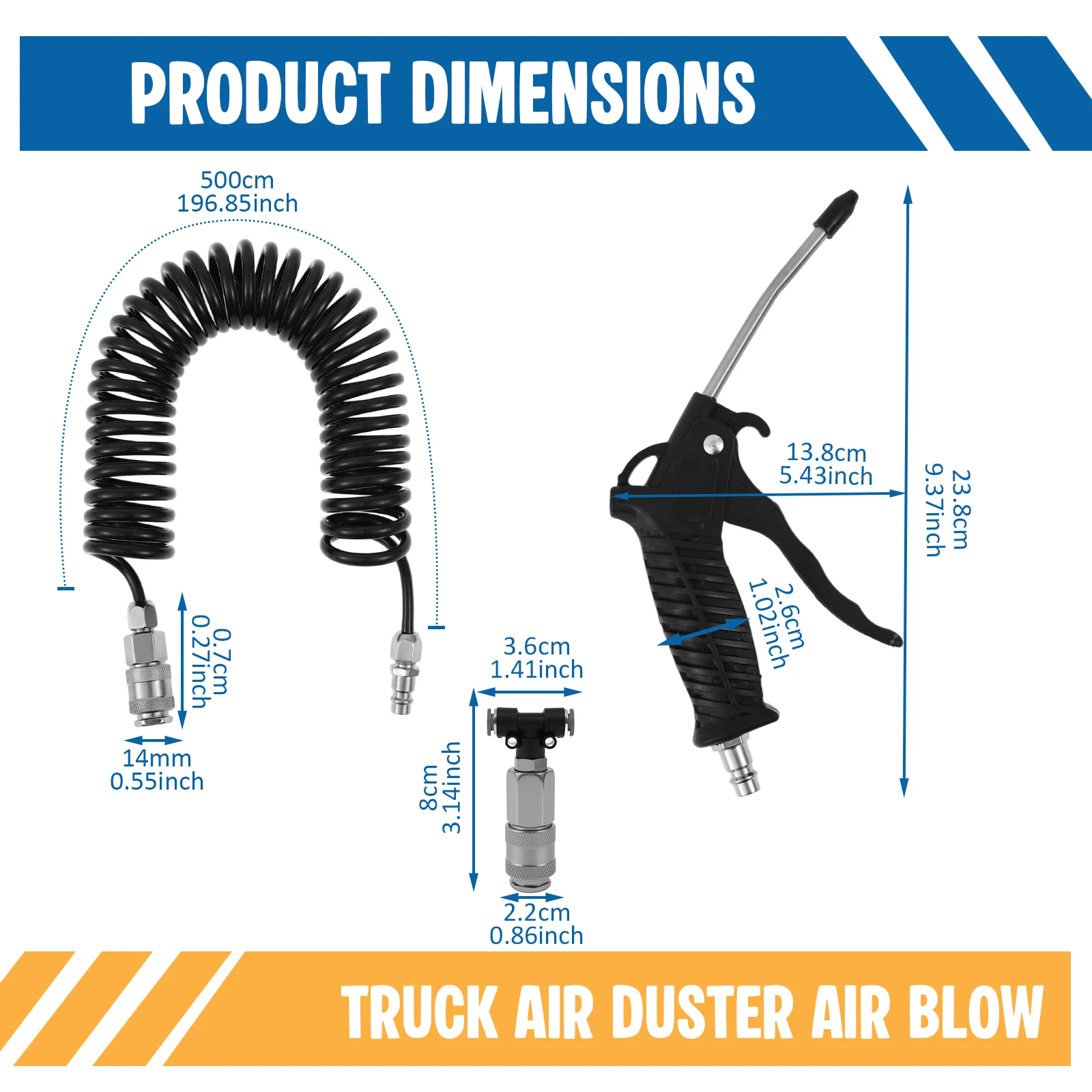Air Blow Gun kit with 16ft Long 8mm OD Coil PU Air Hose Air Duster Blow Gun with T Piece Quick Coupling for Truck Car Boat