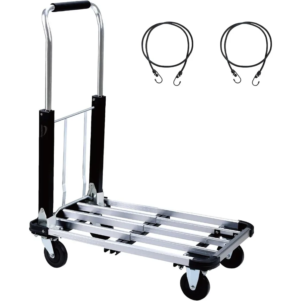 LEADALLWAY Foldable Push Cart Aluminum Alloy Platform Cart with 4-Wheel,Adjustable Length,330-LB Capacity(with 2 Ropes)