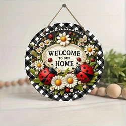 1pc Ladybug Daisy Flower Welcome Wooden Sign Round Wall Hanging Sign for Rustic Farmhouse Parties Indoor Outdoor Home Decoration