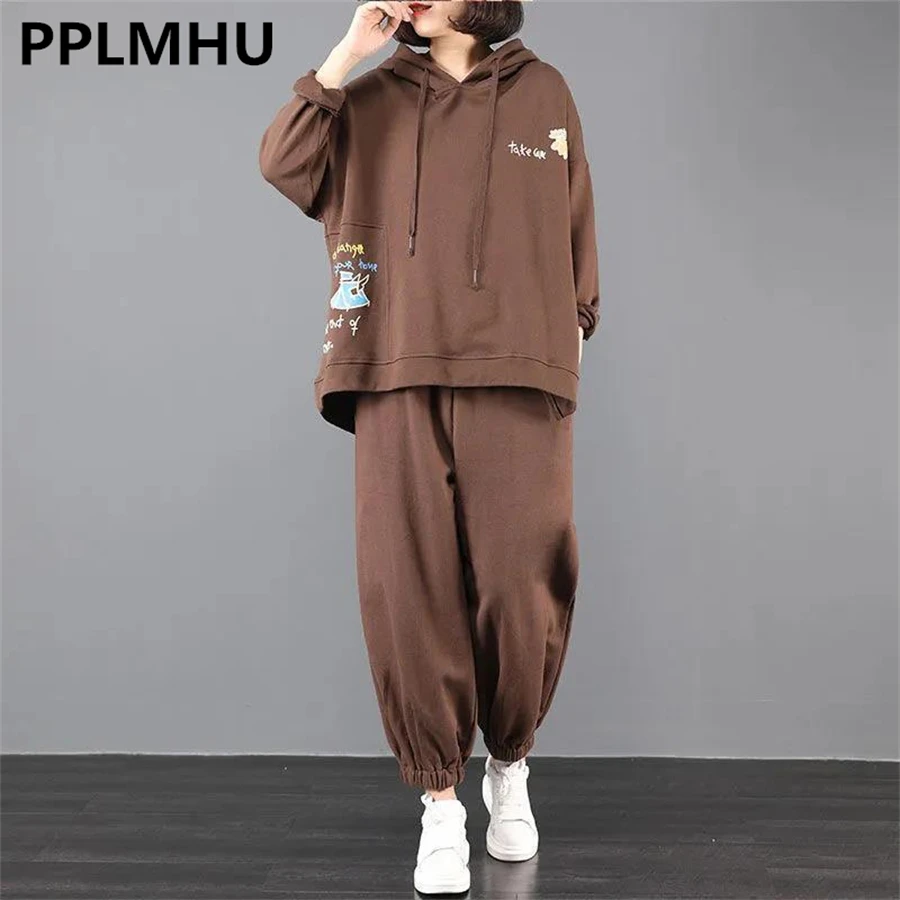 Casual Print Oversize For 100KG Sweatsuits Spring Hooded Sweatshirts Harem Capris Jogger Pants Suits Korean Outfits Loose Sets