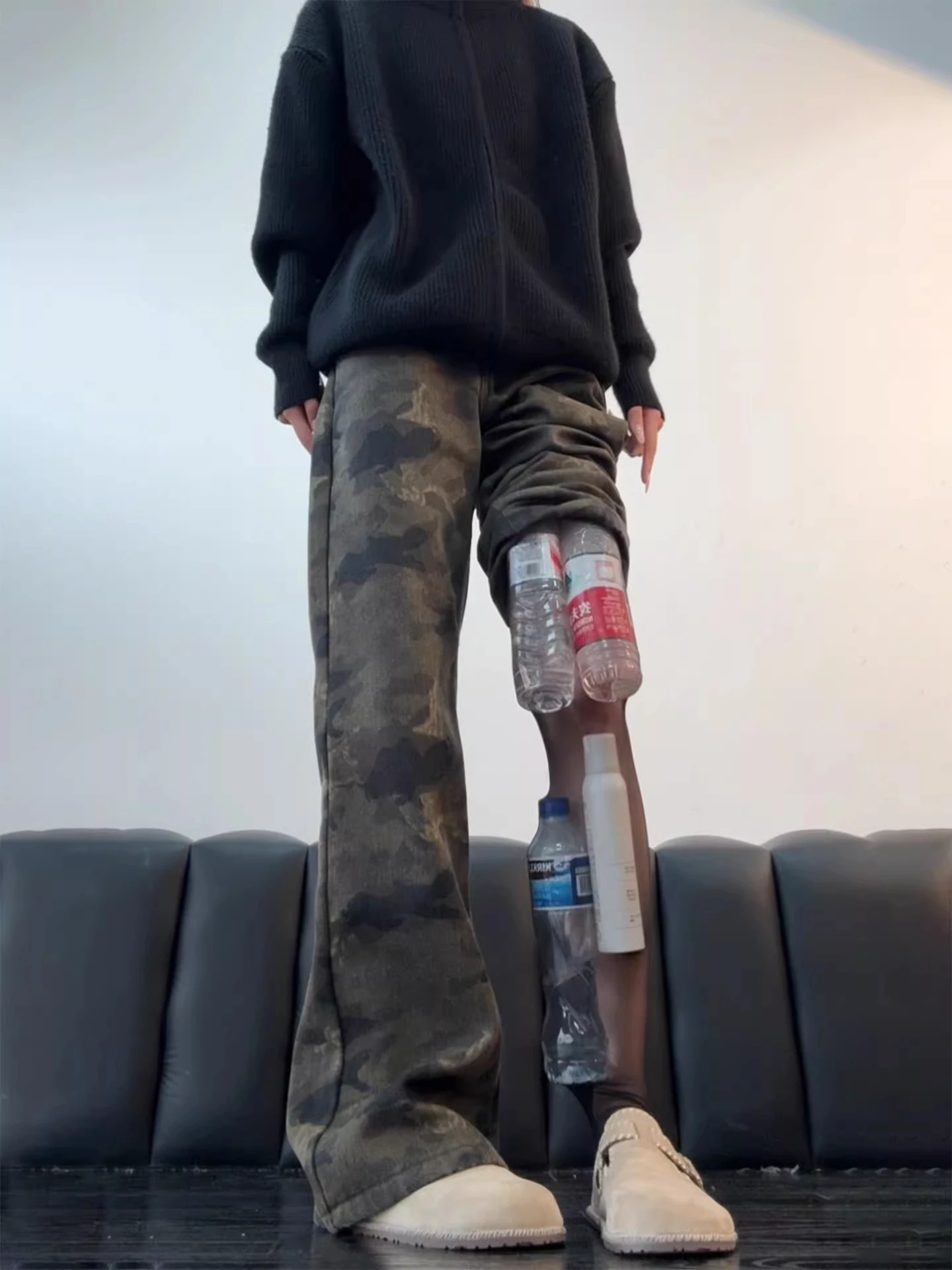 

American Sle Camouflage Fce Lined Straight Leg Jeans Men's Autumn Winter Slimming High Street Vibe Pants Workwear Trousers