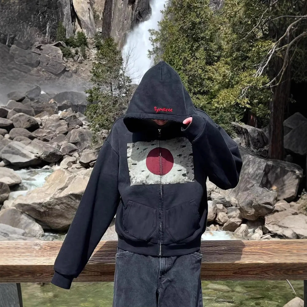 تصميم العلم الوطني الجديد لخريف وشتاء 2025 Y2K Harajuku سترة بقلنسوة بسحاب على طراز الشارع القديم هاي ستريت.