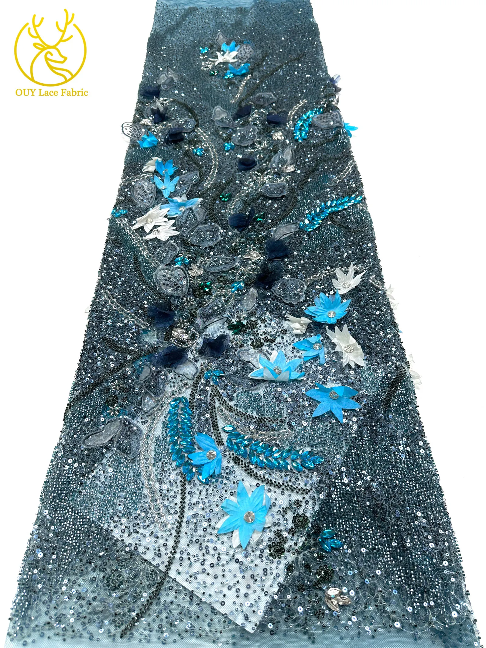 Hochwertiger luxuriöser französischer Edelstein-Perlenstickerei-3D-Blumen-Afrikanischer-Pailletten-Spitzenstoff für DIY handgefertigtes Hochzeitskleid. – Detail 26