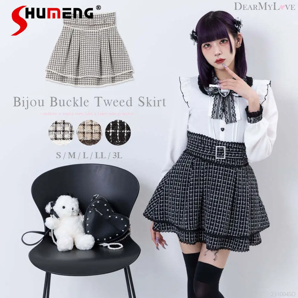 Autumn Winter Japanese Kawaii Short Plaid Skirt Woman Preppy Style Sweet Double Layer A- Line Slim Waist Pleated Skirt Student