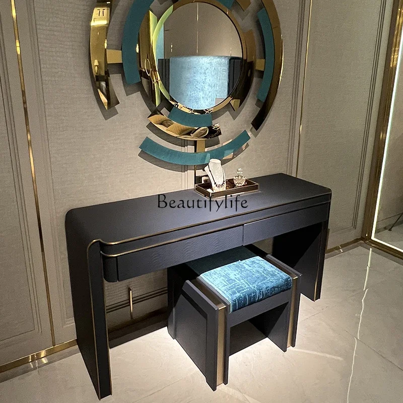 

01Italian light luxury solid wood dressing table luxury round decorative mirror simple dressing table