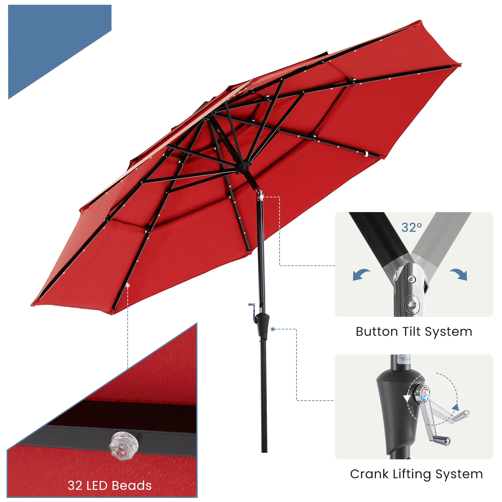 LED lights under patio umbrella at night