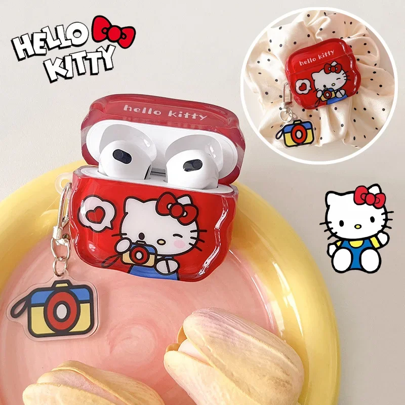 

Cute Sanrio Hello Kitty TPU Earphone Accessories Case For Airpods 3rd For Airpods 1 2 Pro Cover Creative Camera Ornament Keyring
