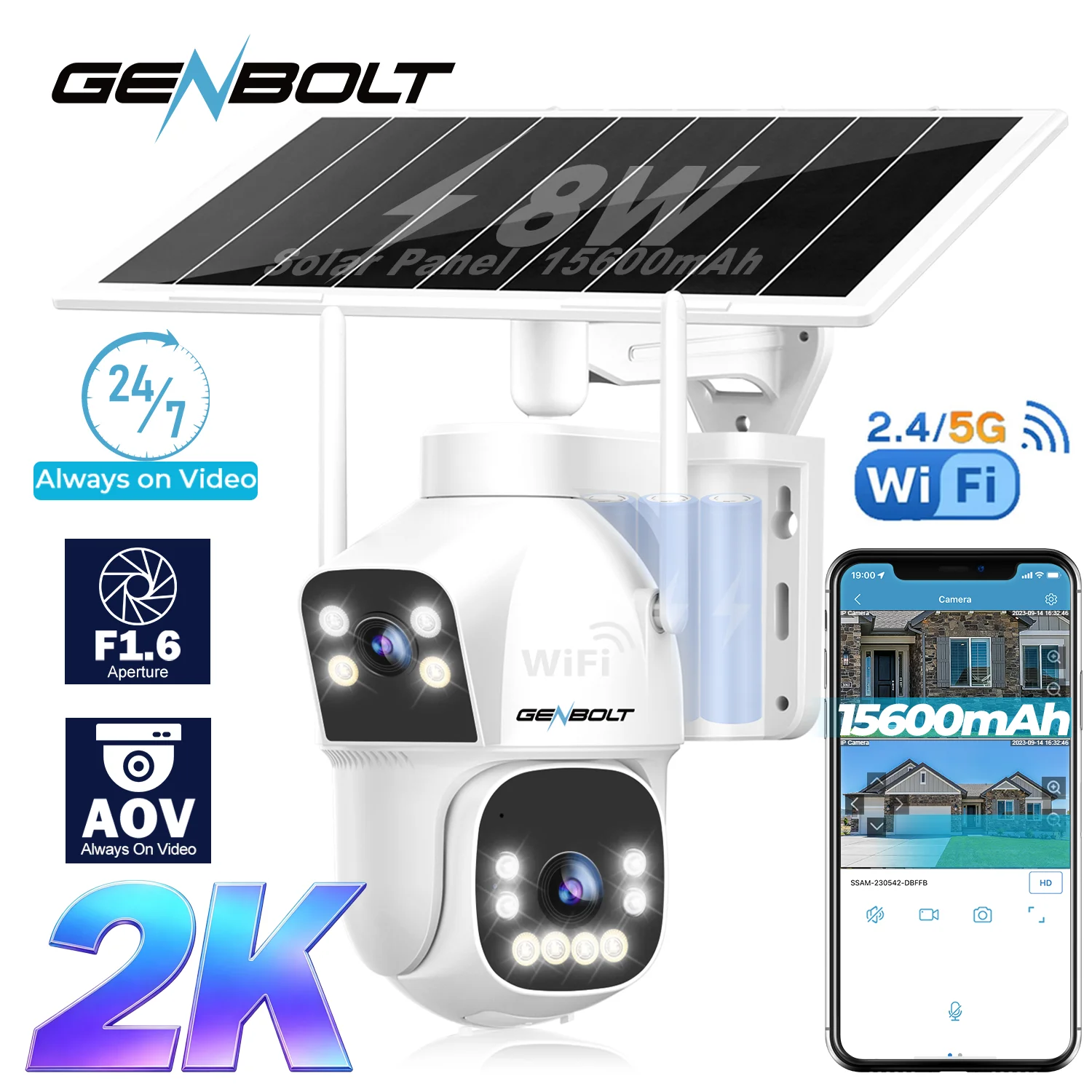 3MP+3MP 2K AOV WLAN-Solar-Sicherheitskamera für den Außenbereich, kabellos, 2,4- und 5-GHz-Dualband-WLAN, 7/24-Überwachungskamera mit 90-Fuß-AI-Erkennung, 8W, 15600mAh, batteriebetriebene CCTV-Kamera