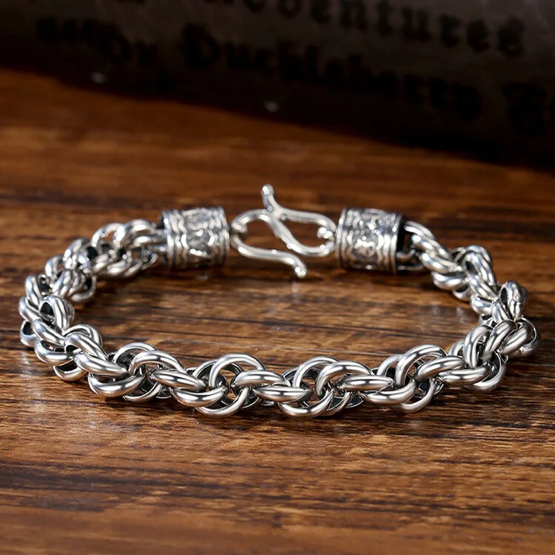 Vintage bracelet 925 silver men's trendy minimalist stylish personality interlocking ring Om Mani Padme Hum bracelet