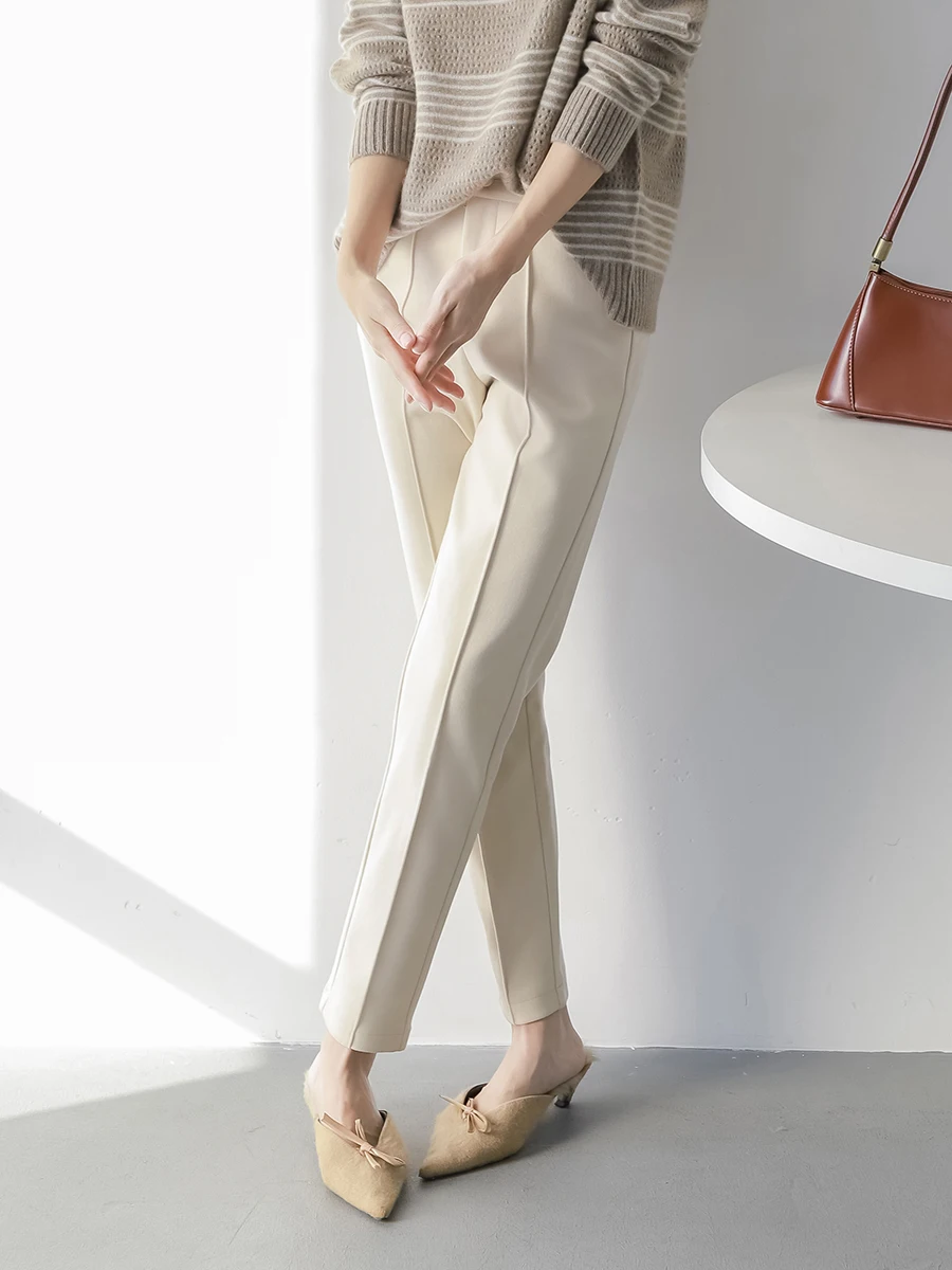 

MZOMXO Women's Straight Leg Woolen Trousers Autumn Winter New Sle 3D Line Slimming Casual Profional Long Pants