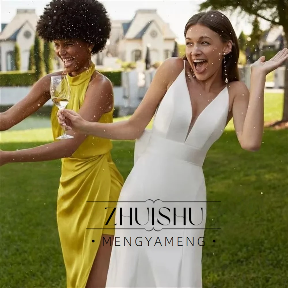 ZHUISHU エレガントなアイボリーマーメイドウェディングドレス ディープVネック ノースリーブ ブライダルガウン フロア丈 プリーツ サテン カスタマイズ スイープトレイン