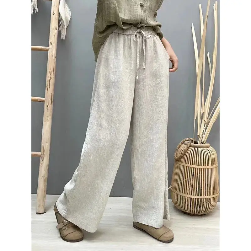 

Women's 2024 Spring Summer New Elastic Waist Drawstring Cotton Linen Solid Retro Pockets Straight Loose All-match Wide Leg Pants