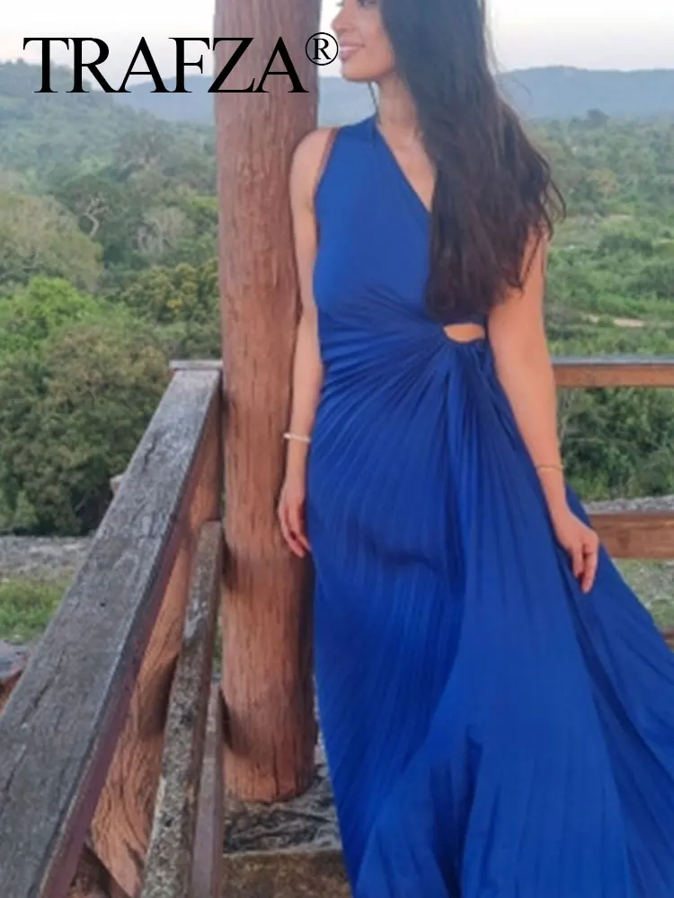 TRAFZA-Robe de Soirée Élégante à Volants pour Femme, Tenue Plissée, Dos aux, Fibells, Longue
