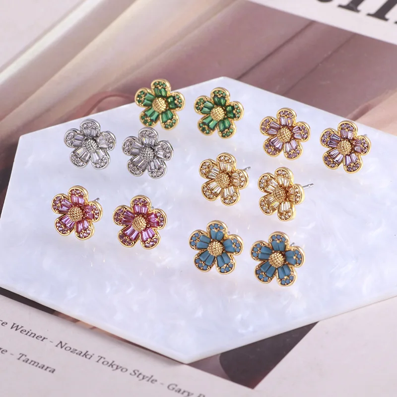 Stylish, sweet, small, fresh, sparkling diamonds, colorful small flowers, small age-reducing flower stud earrings, earrings, sur