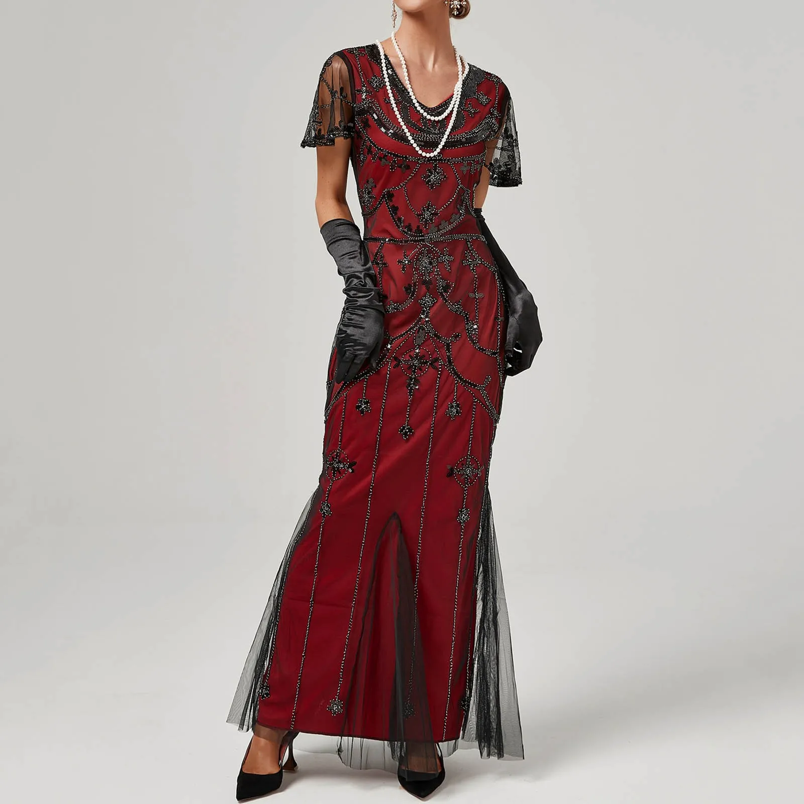 Dames 1920S Vintage Grote Gatsby Jurk V-Hals Korte Mouw Kralen Pailletten Maxi Jurk Art Deco Flapper Mesh Lange Jurk Voor Feest