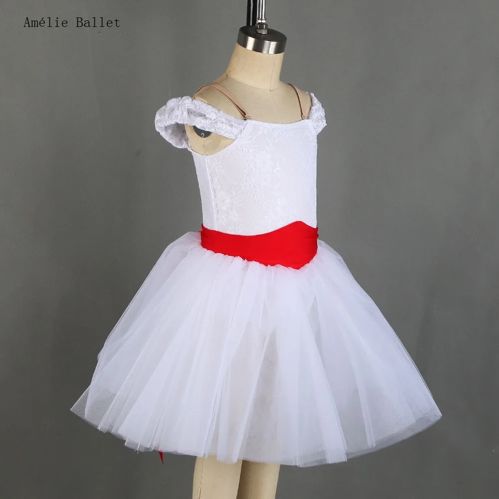 

21259 Белый кружевной лиф из спандекса с открытыми плечами и белой тюлевой юбкой-пачкой для девочек и женщин, танцевальное платье для выступлений на сцене