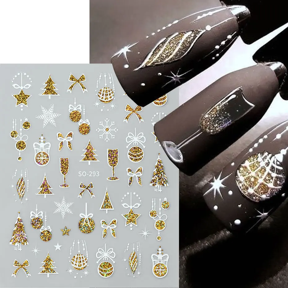 3 szt. Kawaii Świąteczne Brokatowe Naklejki na Paznokcie 3D Złote Czerwone Dzwoneczki Gwiazdy Płatki Śniegu Drzewka Naklejki Zimowy Festiwal Suwak Dekoracja