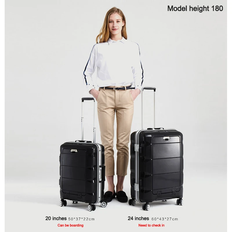 Front Computer Luggage 24 Inches PP Hook Trolley Travel Suitcase Rolling Hard Shell Spinner Mobile Cup Holder With USB Charging