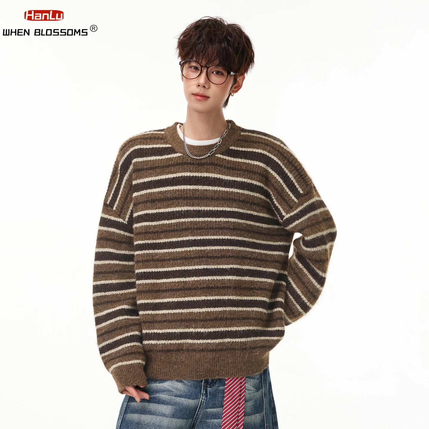 Men‘s Japanese Vintage Striped Sweater Crew Neck Color Block Loose Knit Pullover Casual Knitwear