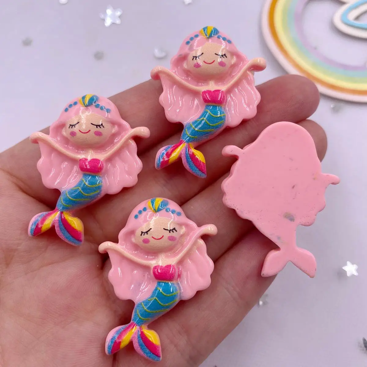 Colorful Resin Cute Pink Mermaid Princess Girl Flatback Stone Figurines 10PCS Scrapbook DIY Bow Hairpin Decor Crafts Accessories