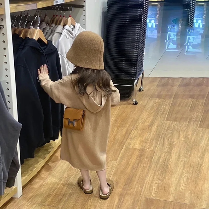 Children Clothing 2024 Autumn Winter Girls Knit Dress Korea Style New Fashionable Casual Loose Hooded Sweater Dress for Girls