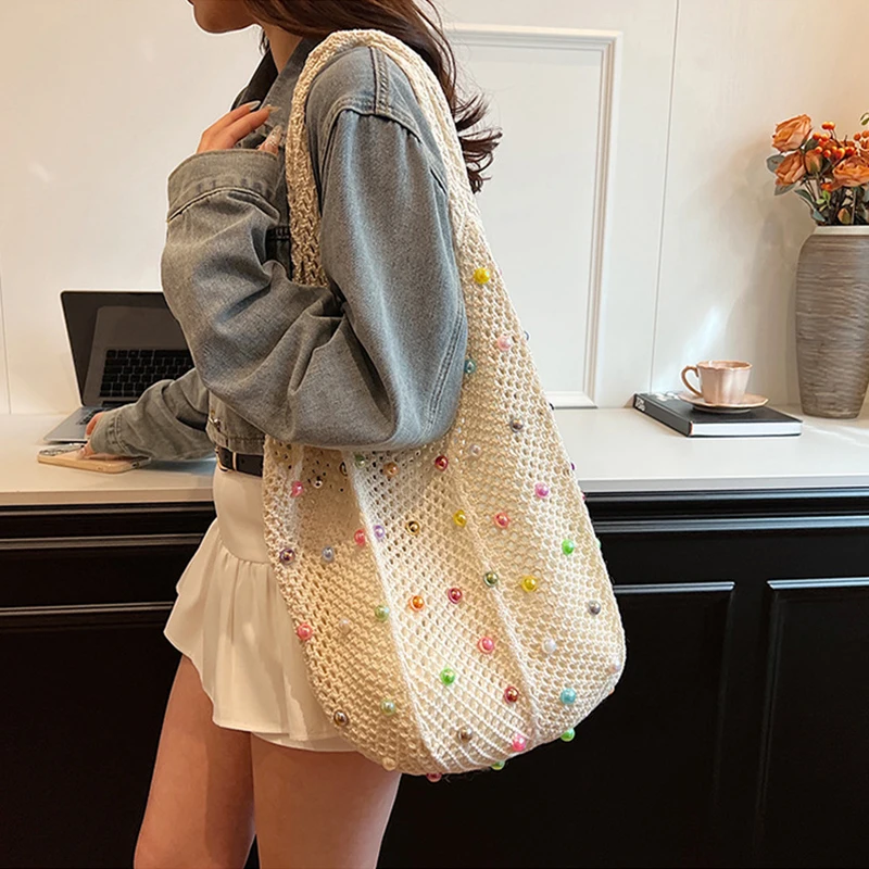 Bolso de hombro tejido para mujer, bolsa de mano con cuentas de gran capacidad, versátil y a la moda, informal, 2024