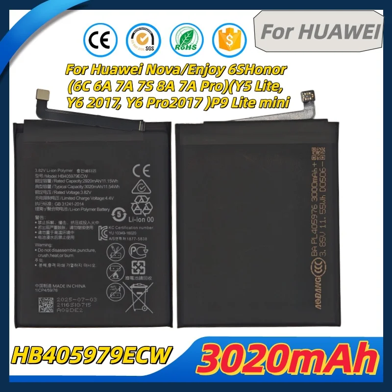 

3020mAh HB405979ECW Battery For Huawei Y5 Lite Y6 Pro 2017 Nova Enjoy 6S P9 Lite mini ,Honor 6C 6A 7A 7S 8A 7A Pro Phone Battery
