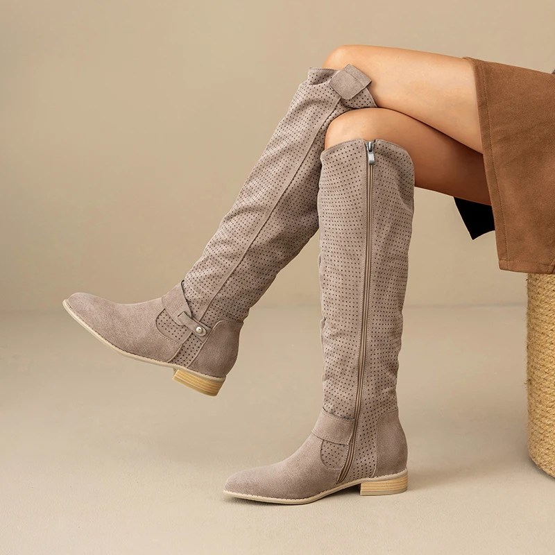 

Plus Size Velvet Patchwork Frosted Velvet Rivet Zipper Wood Grain Low Heel Knee High Boots High Tube Flat Heel Boots